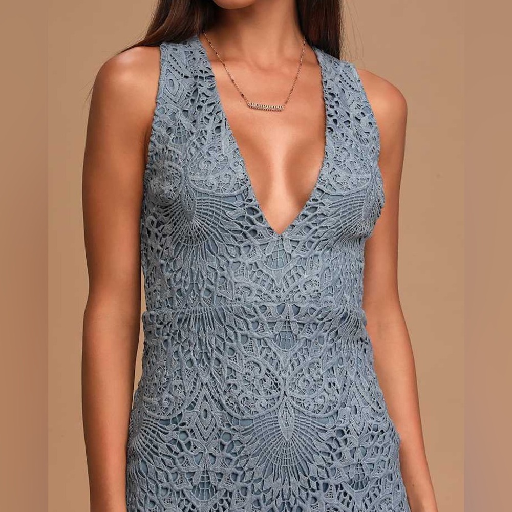 Lulus Truly Beloved Dusty Blue Lace Bodycon Dress NWT - Picture 2 of 16